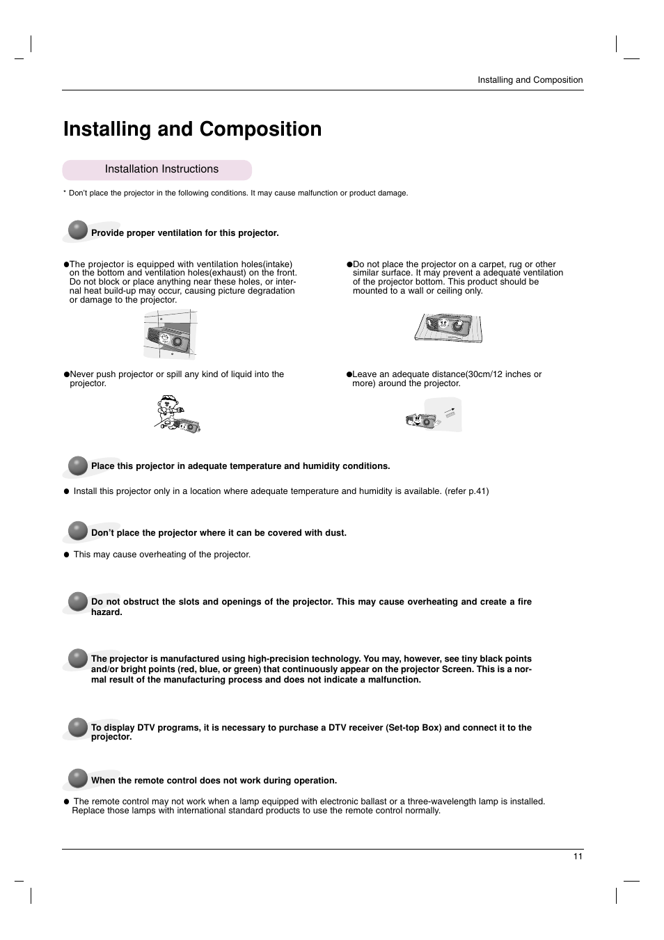 Installing and composition, Installation instructions | LG HS102G User Manual | Page 11 / 42