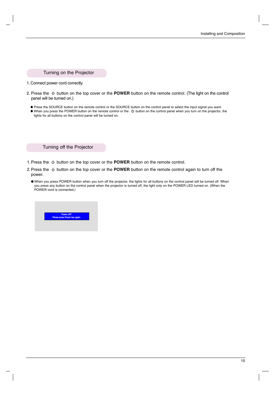 Turning on the projector, Turning off the projector | LG HS102G User Manual | Page 15 / 42