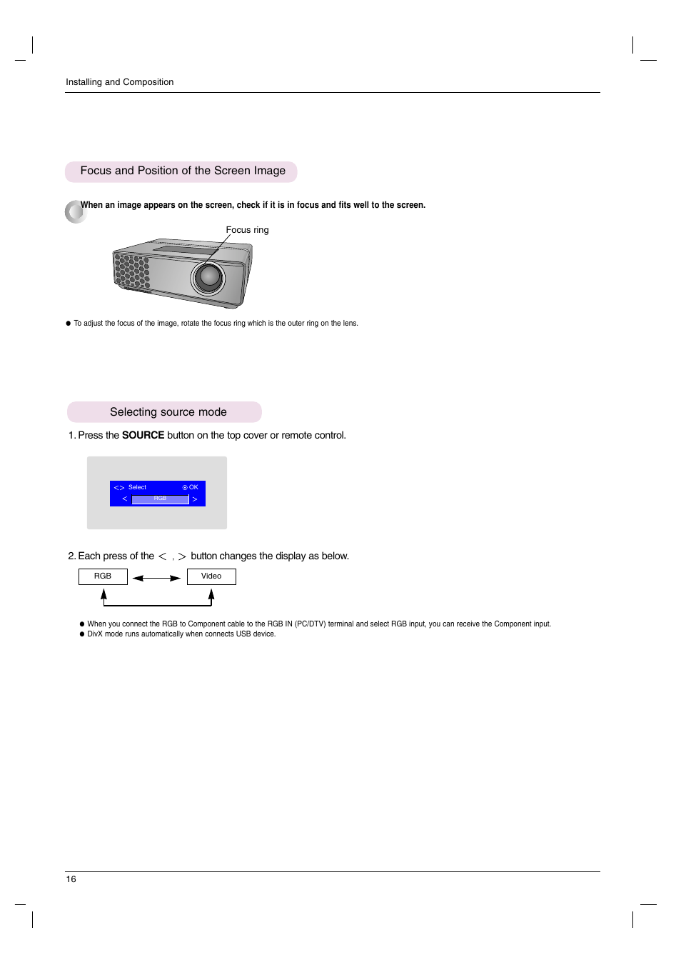 Focus and position of the screen image, Selecting source mode | LG HS102G User Manual | Page 16 / 42