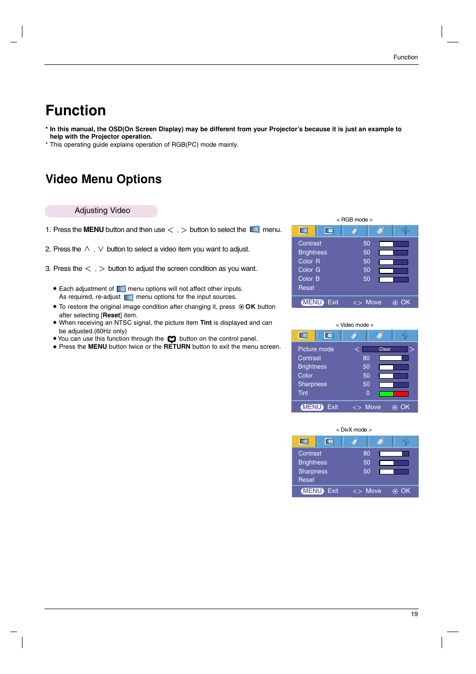 Function, Video menu options, Adjusting video | LG HS102G User Manual | Page 19 / 42