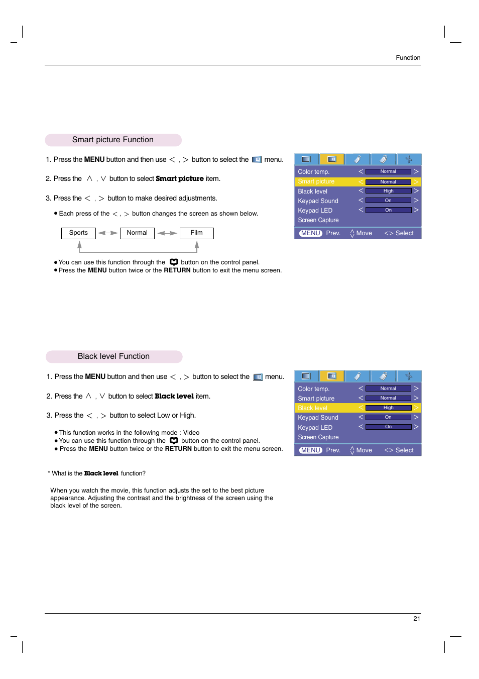 Smart picture function, Black level function | LG HS102G User Manual | Page 21 / 42