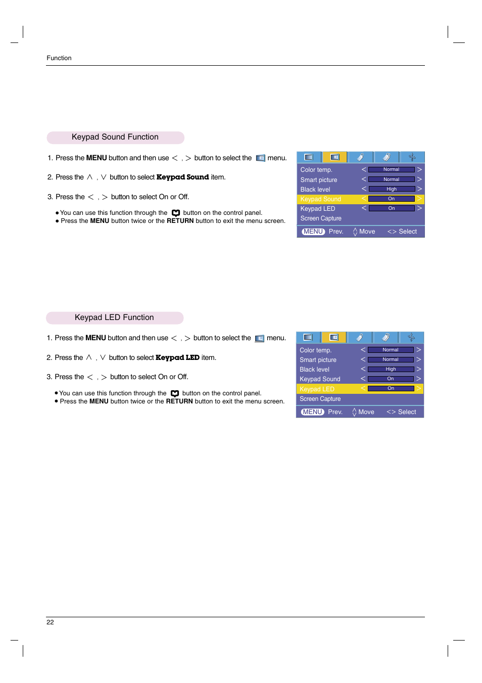 Keypad sound function, Keypad led function | LG HS102G User Manual | Page 22 / 42