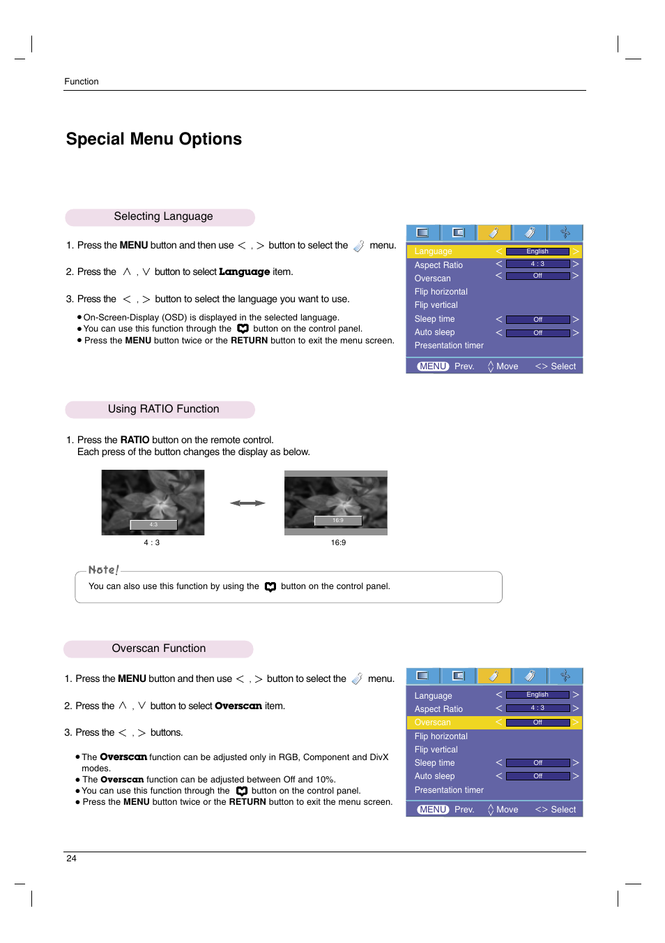 Special menu options, Selecting language, Using ratio function | Overscan function | LG HS102G User Manual | Page 24 / 42