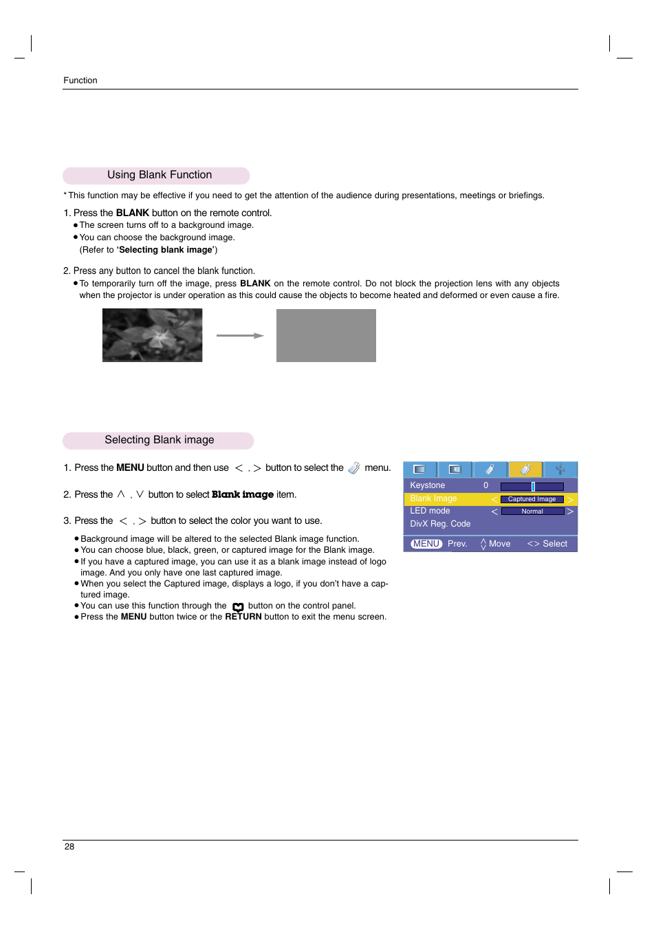 Using blank function, Selecting blank image | LG HS102G User Manual | Page 28 / 42