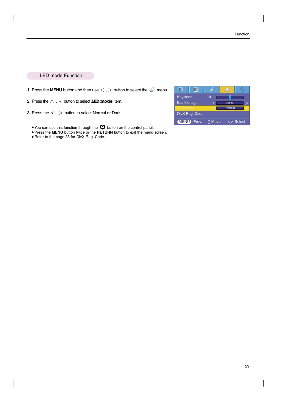 Led mode function | LG HS102G User Manual | Page 29 / 42