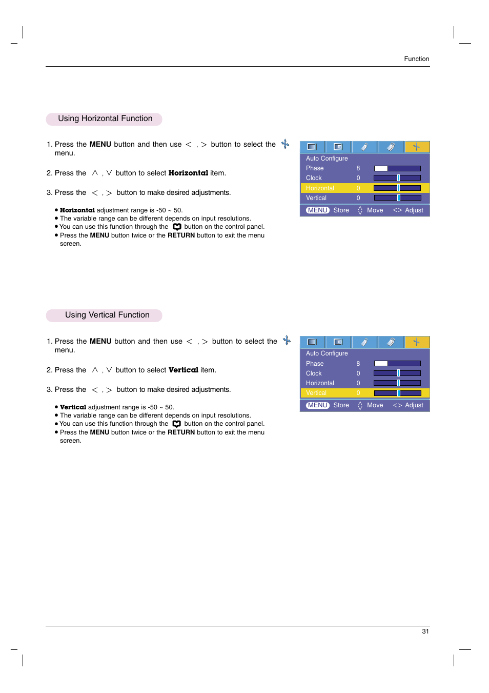 Using horizontal function, Using vertical function, Using vertical function using horizontal function | LG HS102G User Manual | Page 31 / 42