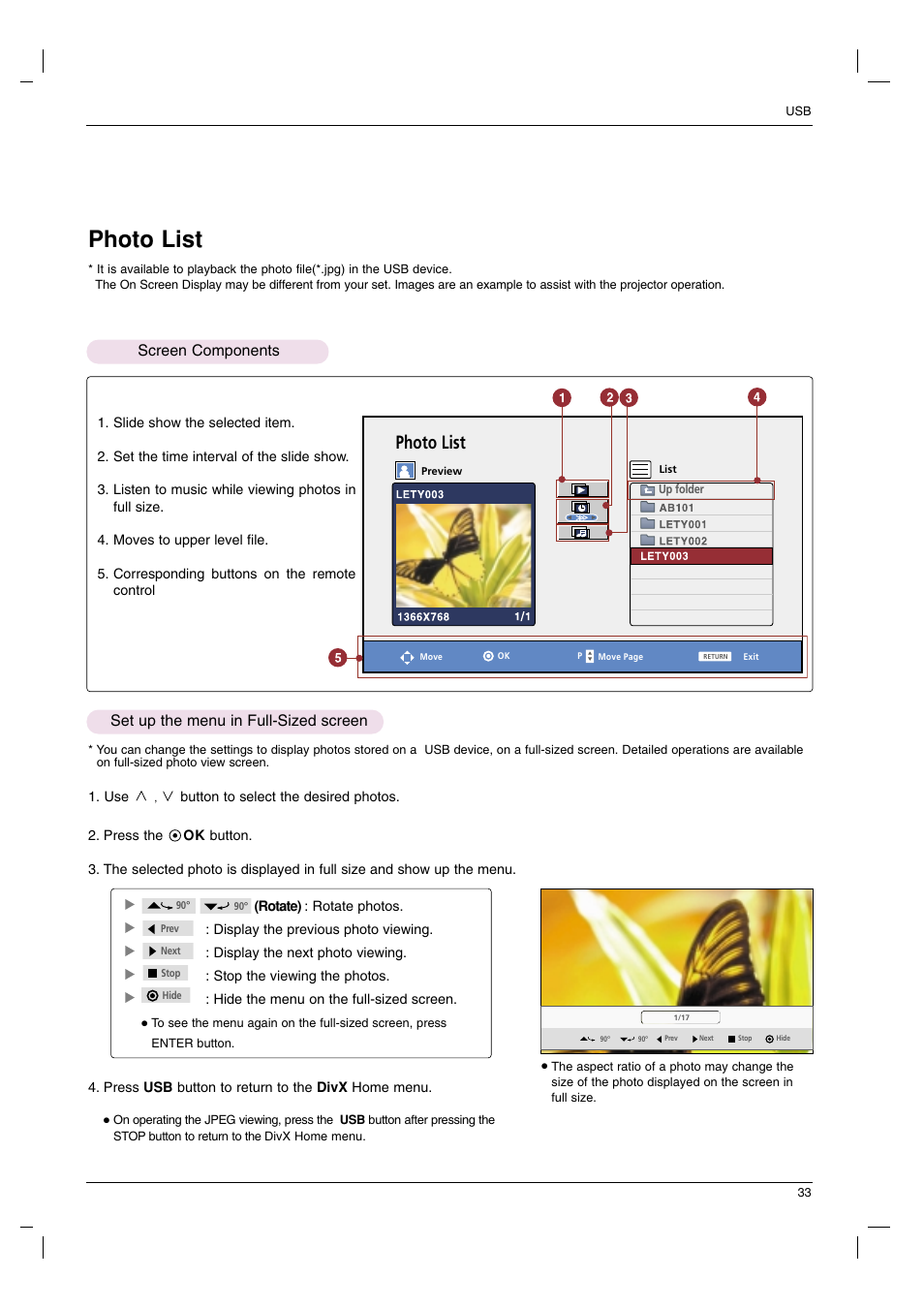 Photo list, Screen components, Set up the menu in full-sized screen | LG HS102G User Manual | Page 33 / 42