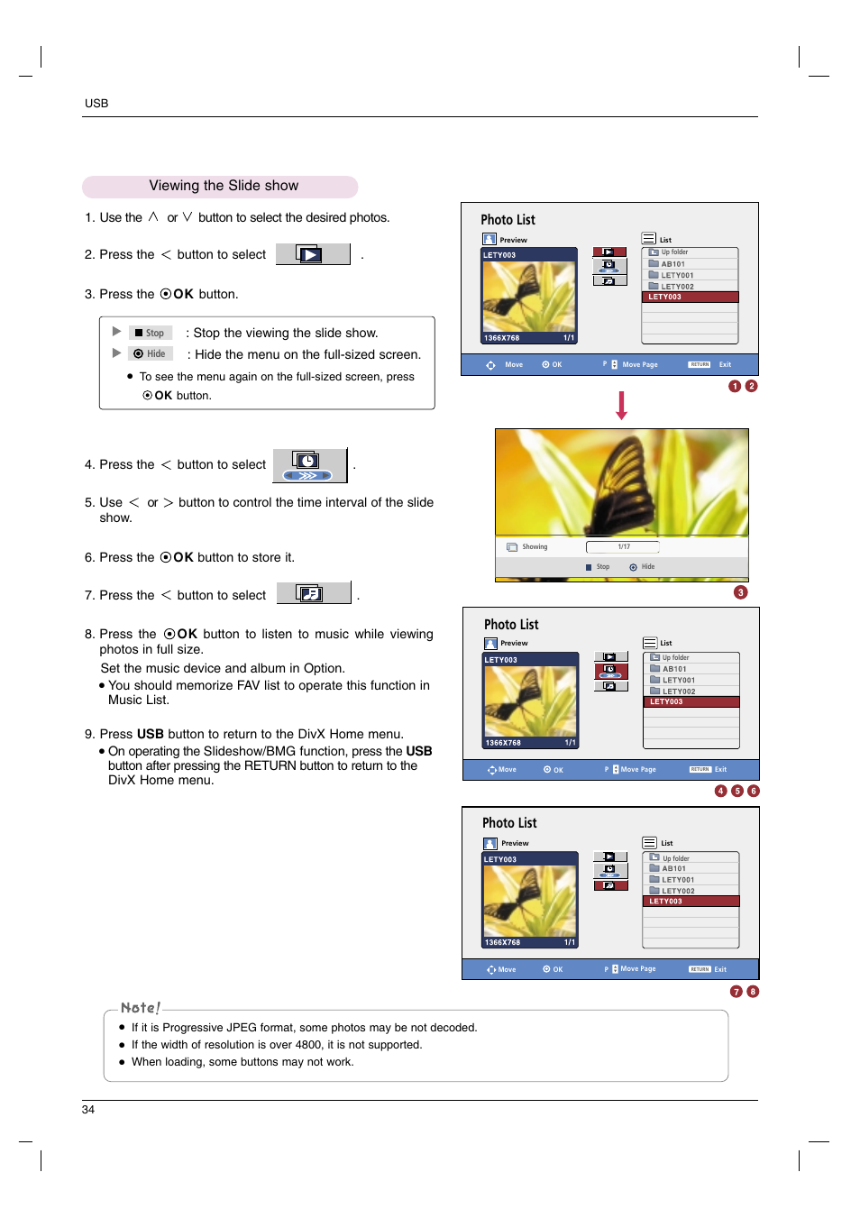 Photo list, Viewing the slide show | LG HS102G User Manual | Page 34 / 42