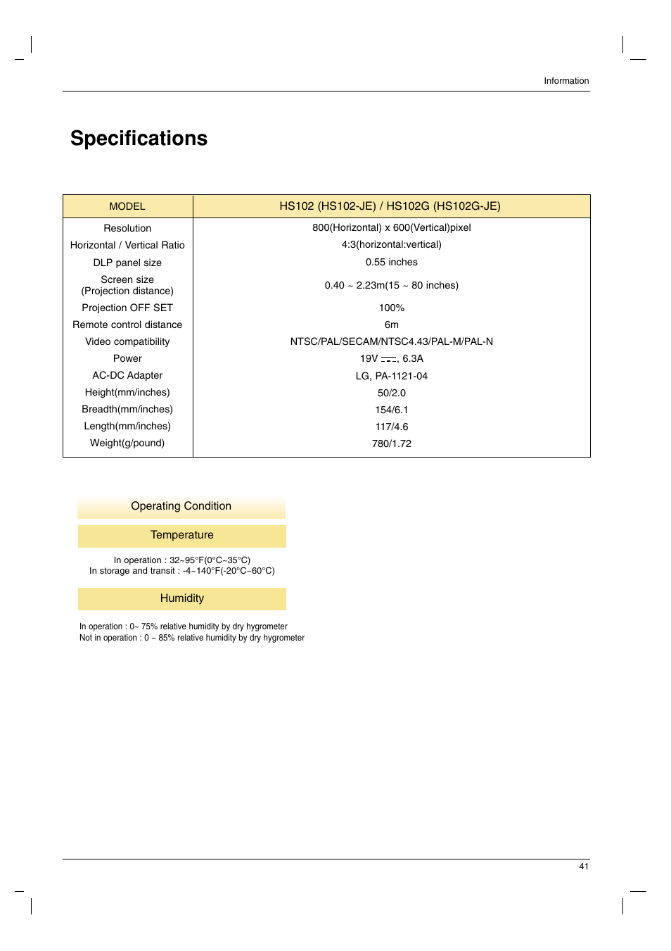 Specifications | LG HS102G User Manual | Page 41 / 42