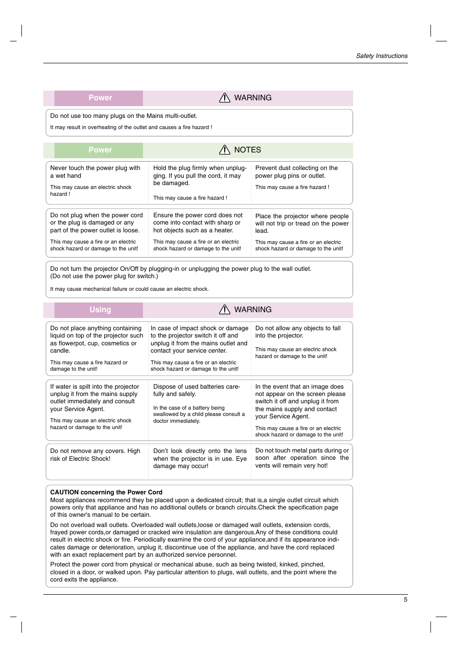 Using warning, Power warning | LG HS102G User Manual | Page 5 / 42