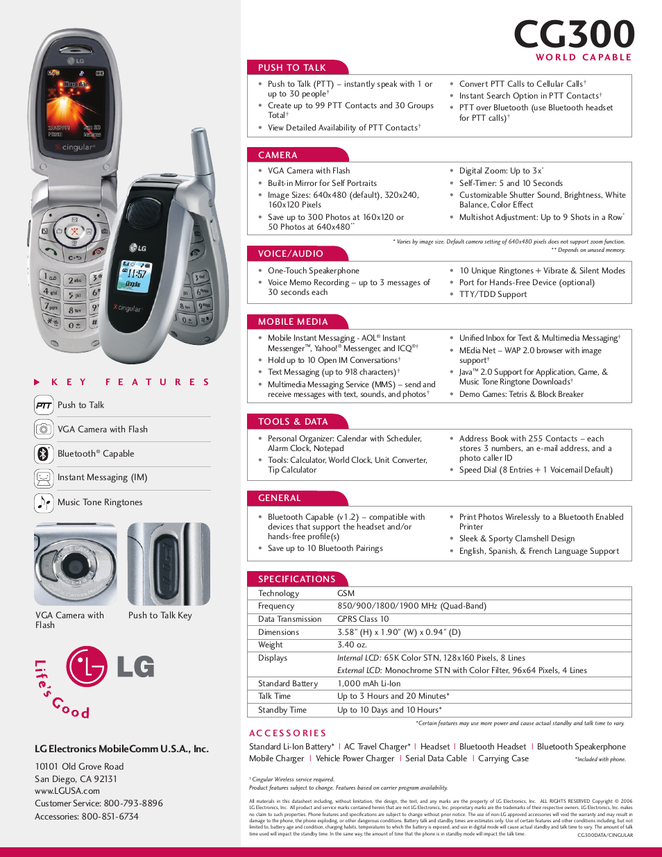 Cg300, Lg electronics mobilecomm u.s.a., inc, Tools & data | General, Camera, Voice/audio, Push to talk, Specifications, Mobile instant messaging - aol, Instant messenger | LG CG300 User Manual | Page 2 / 2