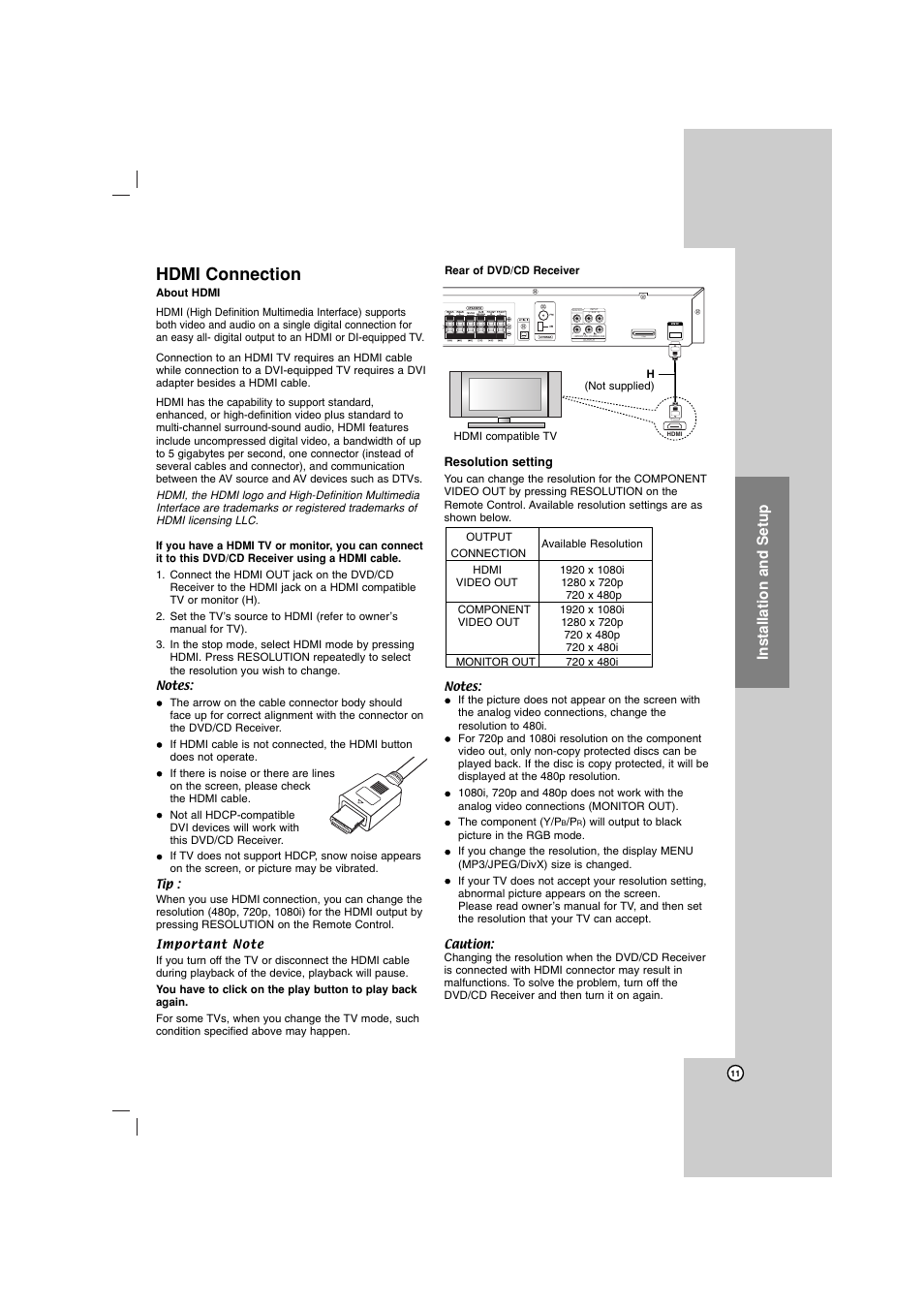 Hdmi connection, Installation and setup, Hdmi out | I pod | LG LHT734 User Manual | Page 11 / 30