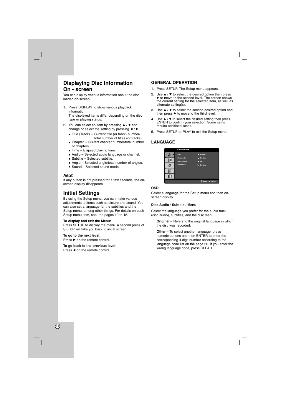 Displaying disc information on - screen, Initial settings, General operation | Language | LG LHT734 User Manual | Page 12 / 30