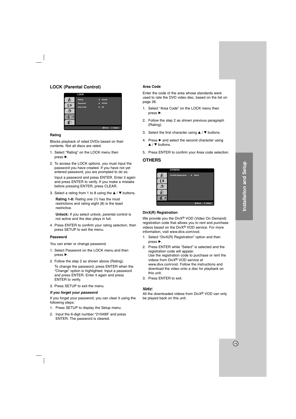 Installation and setup, Lock (parental control), Others | LG LHT734 User Manual | Page 15 / 30