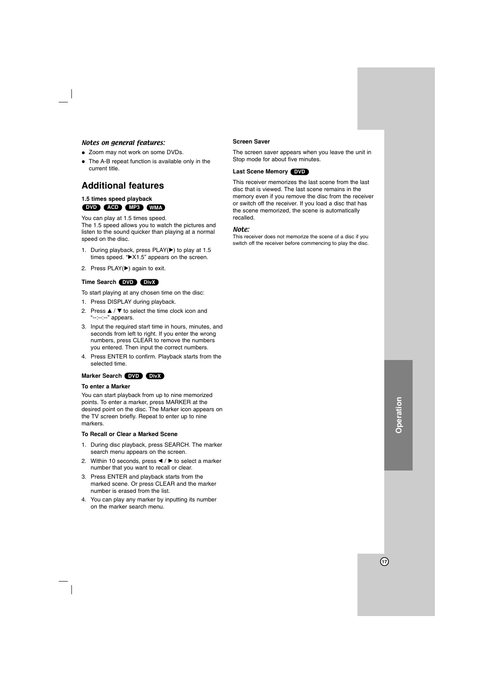 Additional features, Operation | LG LHT734 User Manual | Page 17 / 30