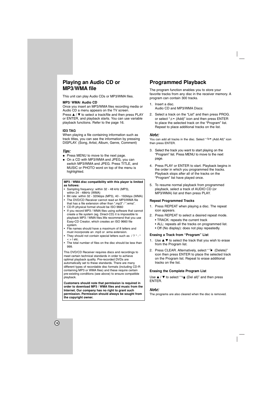 Playing an audio cd or mp3/wma file, Programmed playback | LG LHT734 User Manual | Page 18 / 30