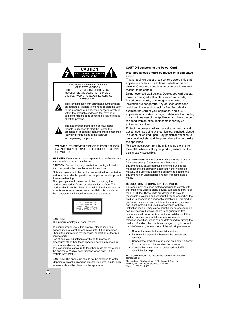 Caution | LG LHT734 User Manual | Page 2 / 30