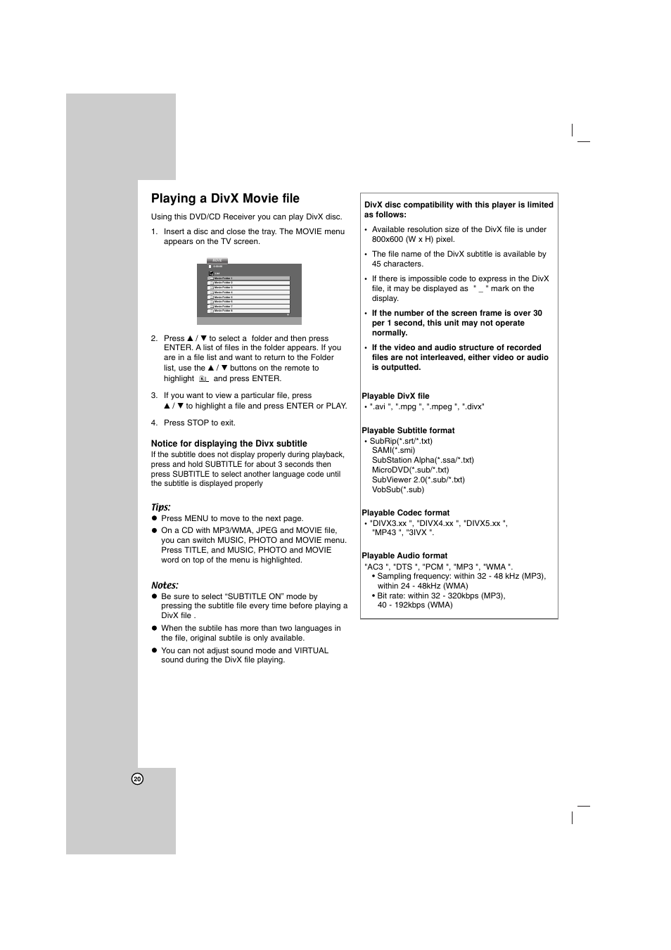 Playing a divx movie file | LG LHT734 User Manual | Page 20 / 30