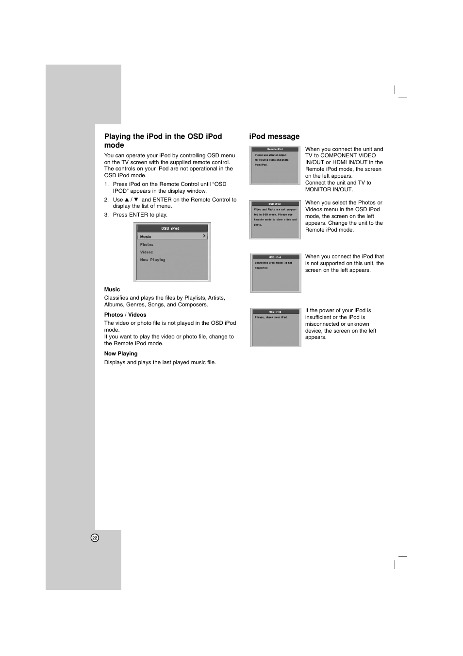 Playing the ipod in the osd ipod mode, Ipod message | LG LHT734 User Manual | Page 22 / 30