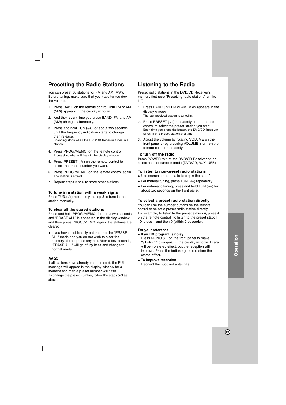 Presetting the radio stations, Listening to the radio, Operation | LG LHT734 User Manual | Page 23 / 30