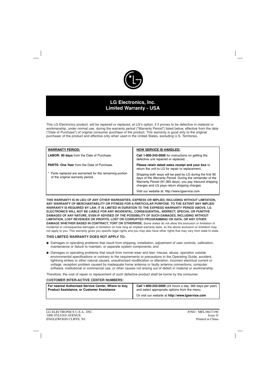 Lg electronics, inc. limited warranty - usa | LG LHT734 User Manual | Page 30 / 30