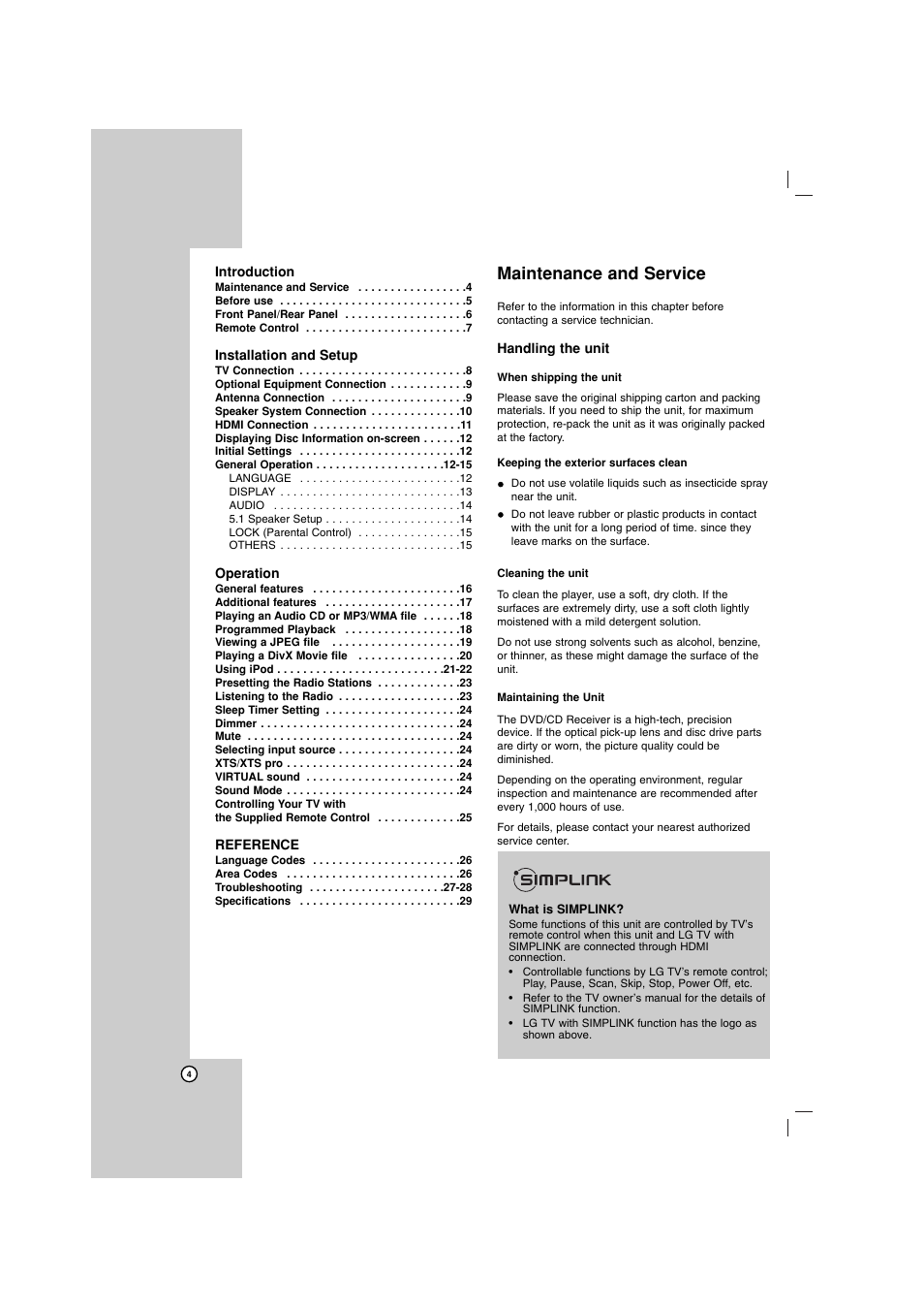 Maintenance and service | LG LHT734 User Manual | Page 4 / 30