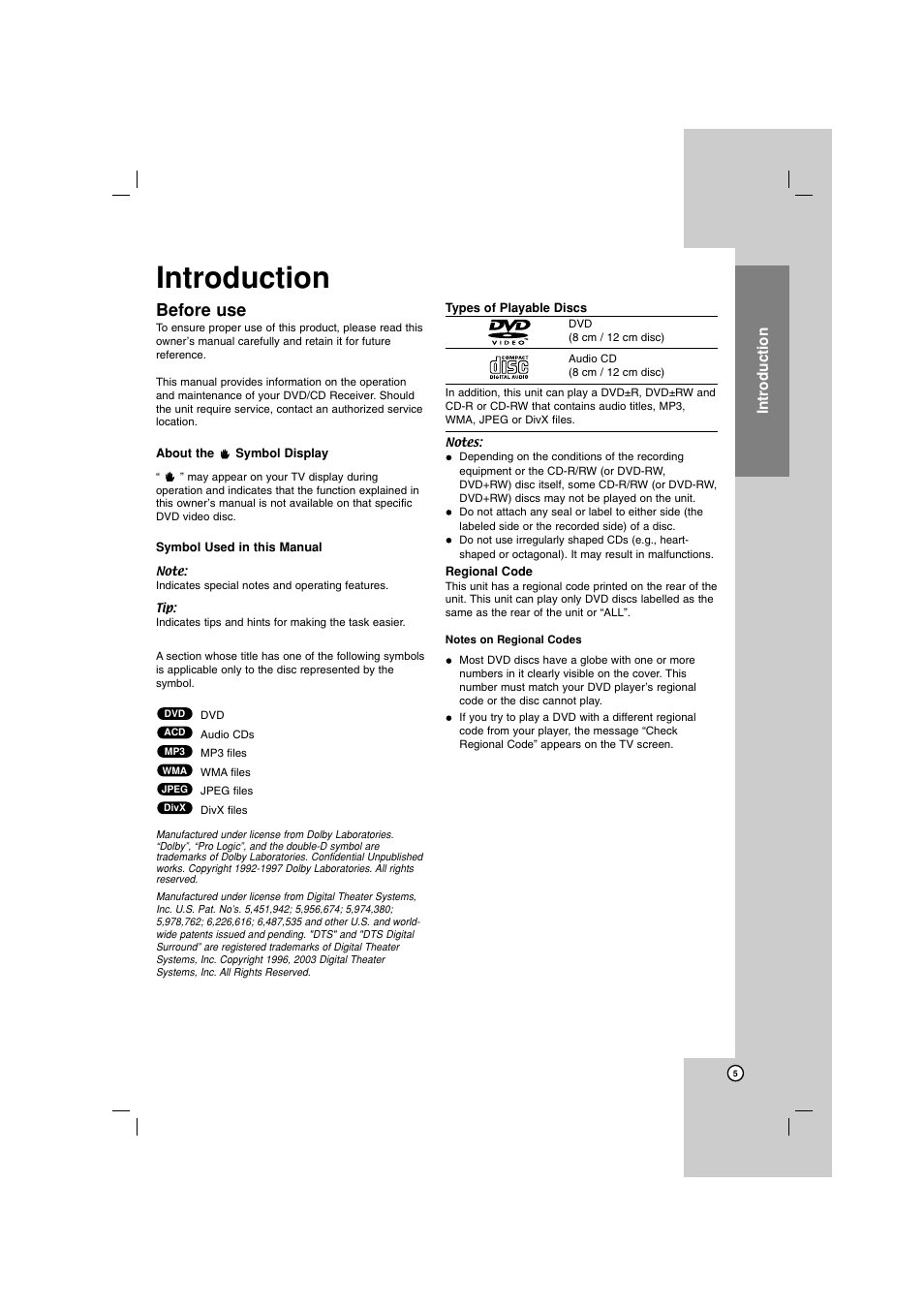 Introduction, Before use | LG LHT734 User Manual | Page 5 / 30