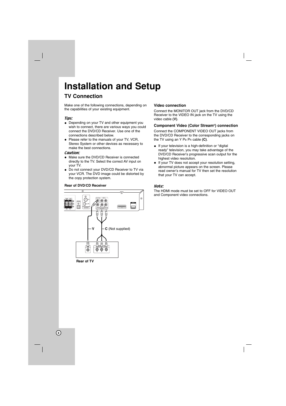 Installation and setup, Tv connection, Hdmi out | LG LHT734 User Manual | Page 8 / 30