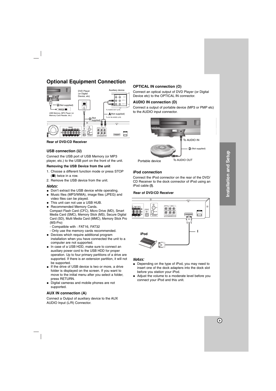 Optional equipment connection, Installation and setup, Hdmi out | Hdmi out i pod, Usb connection (u), Aux in connection (a), Optical in connection (o), Audio in connection (d), Ipod connection | LG LHT734 User Manual | Page 9 / 30