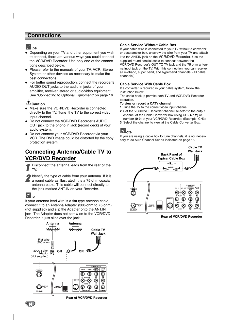 Connections, Connecting antenna/cable tv to vcr/dvd recorder | LG XBR342 User Manual | Page 14 / 48