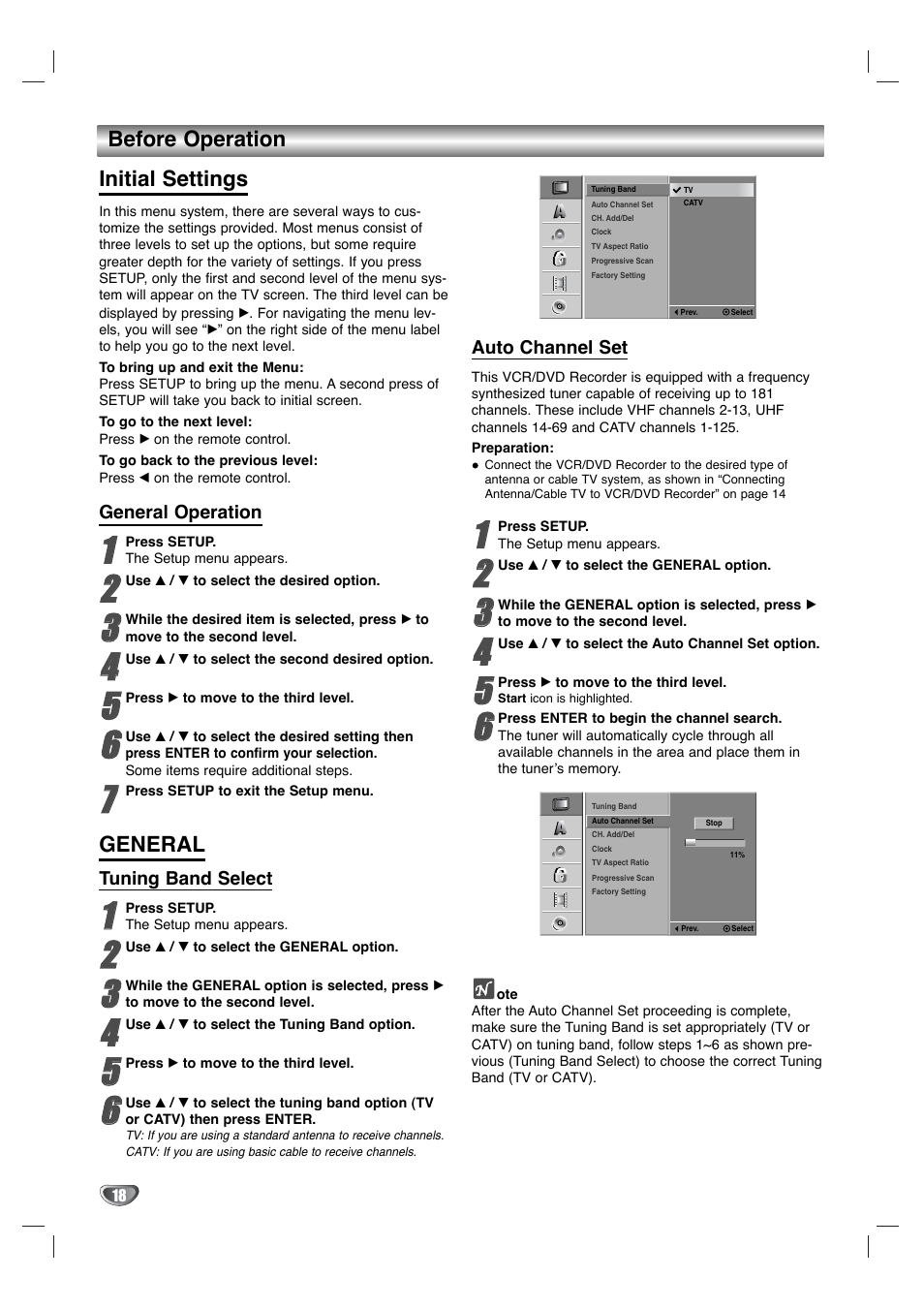 Initial settings, General, Before operation | LG XBR342 User Manual | Page 18 / 48