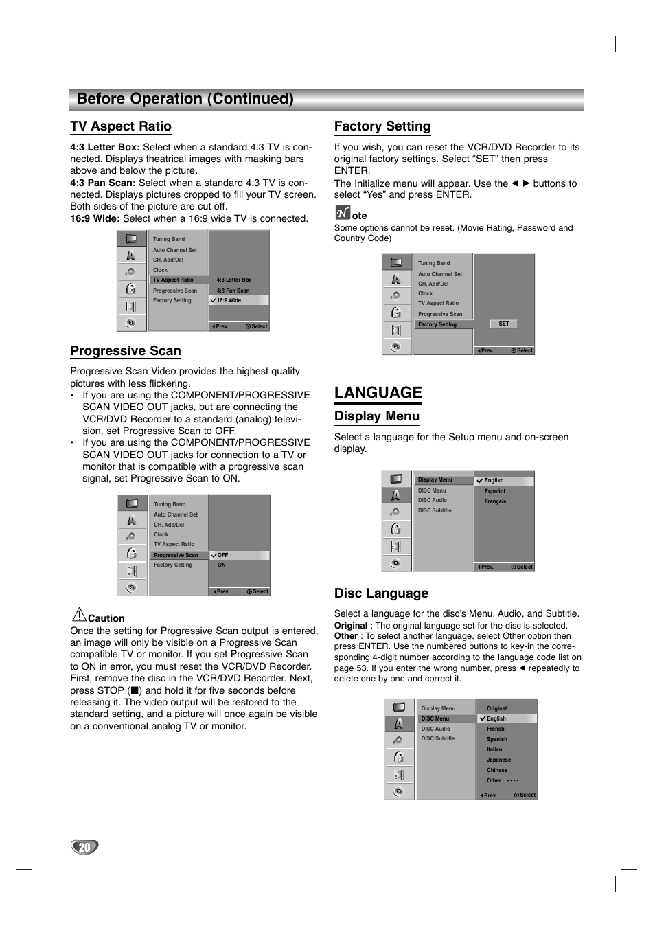 Before operation (continued), Language, Tv aspect ratio | Progressive scan, Factory setting, Display menu, Disc language | LG XBR342 User Manual | Page 20 / 48