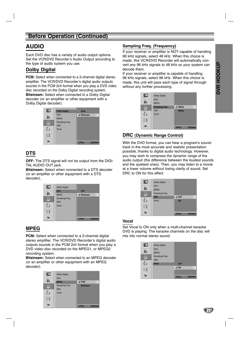 Before operation (continued) audio, Dvr hookup, Dolby digital | Mpeg, Sampling freq. (frequency), Dynamic range control), Vocal | LG XBR342 User Manual | Page 21 / 48