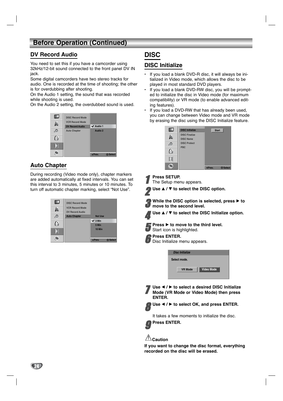 Disc, Before operation (continued), Dv record audio | Auto chapter, Disc initialize | LG XBR342 User Manual | Page 24 / 48