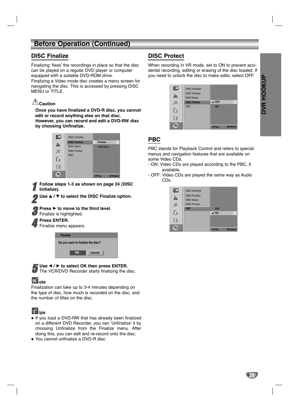 Before operation (continued), Disc finalize, Disc protect | Dvr hookup | LG XBR342 User Manual | Page 25 / 48