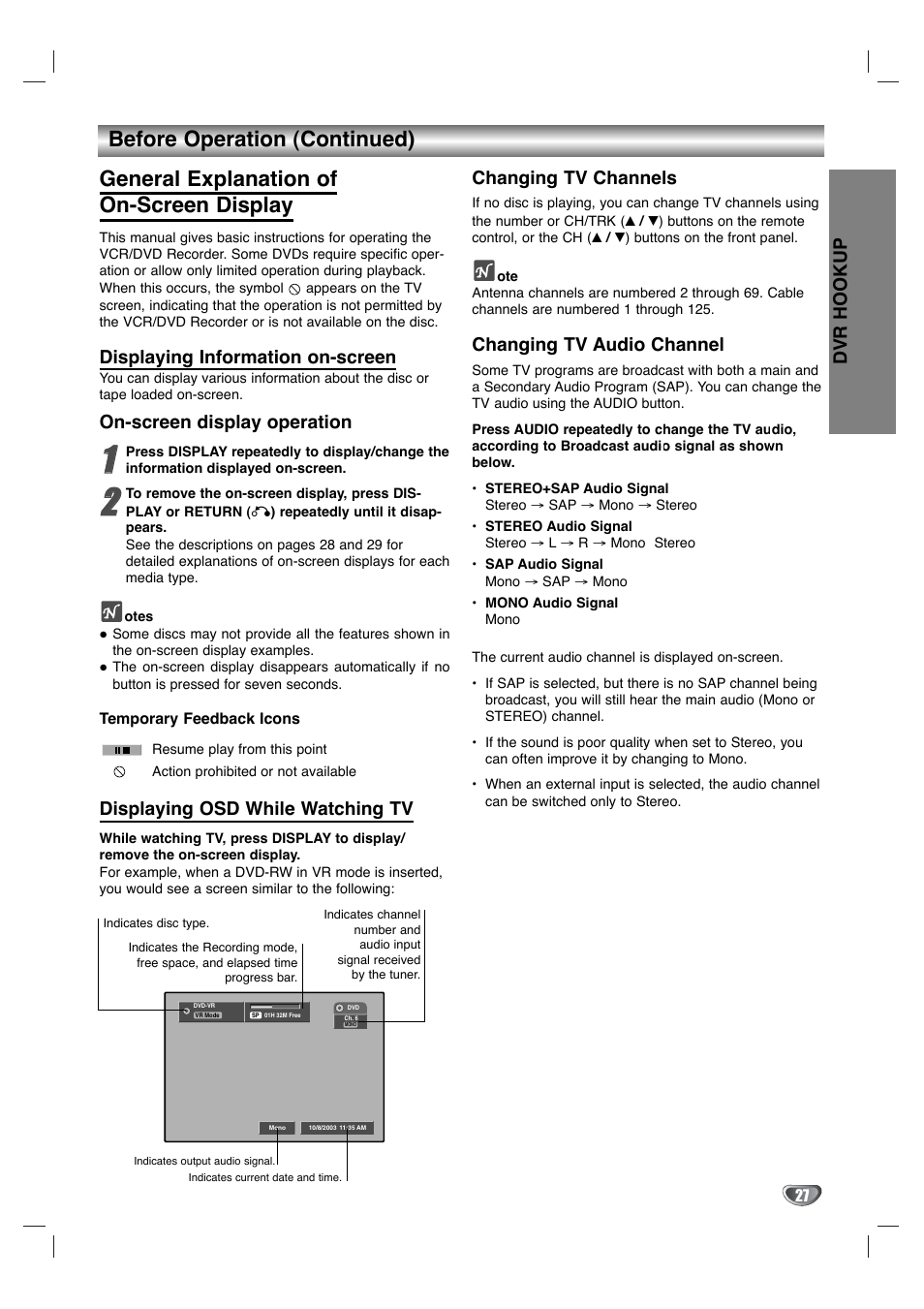 Dvr hookup, Displaying information on-screen, On-screen display operation | Displaying osd while watching tv, Changing tv channels, Changing tv audio channel | LG XBR342 User Manual | Page 27 / 48