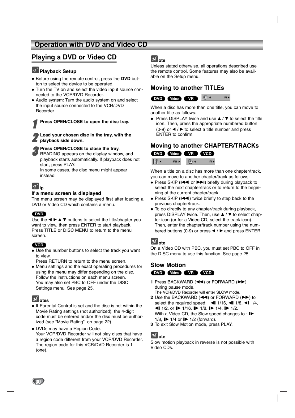 Moving to another titles, Moving to another chapter/tracks, Slow motion | LG XBR342 User Manual | Page 30 / 48