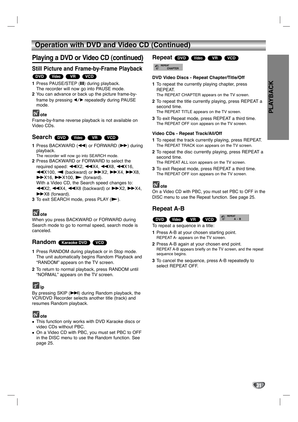 Pla yback, Still picture and frame-by-frame playback, Search | Random, Repeat, Repeat a-b | LG XBR342 User Manual | Page 31 / 48