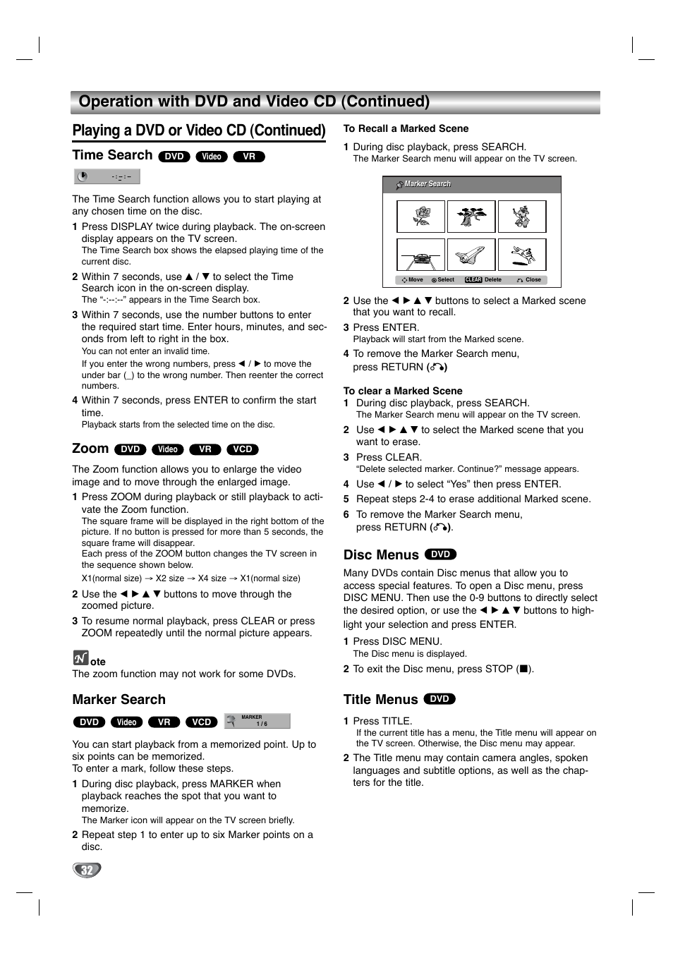 Time search, Zoom, Marker search | Disc menus, Title menus | LG XBR342 User Manual | Page 32 / 48