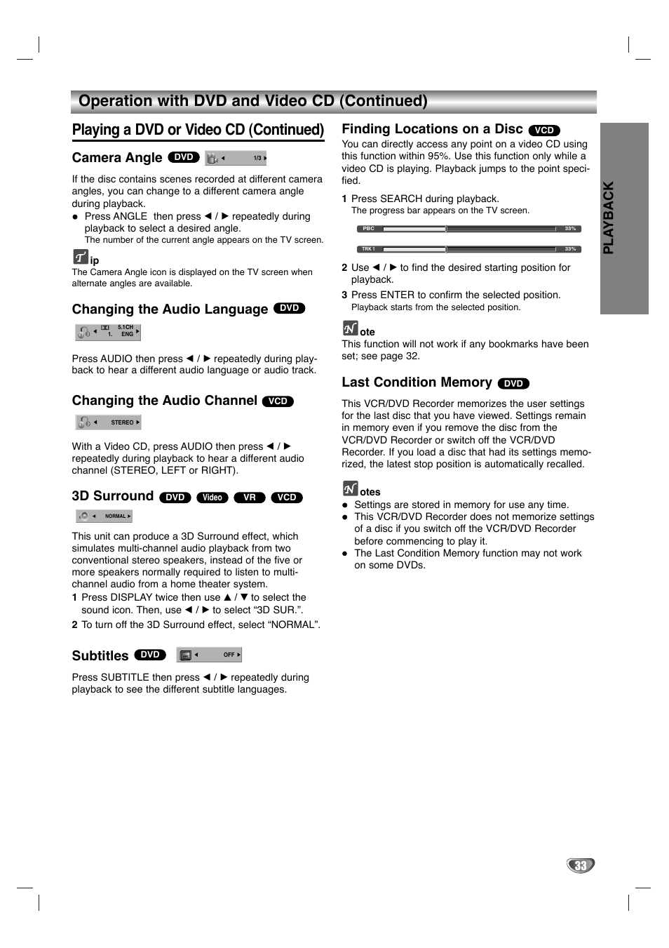 Pla yback, Camera angle, Changing the audio language | Changing the audio channel, 3d surround, Subtitles, Finding locations on a disc | LG XBR342 User Manual | Page 33 / 48