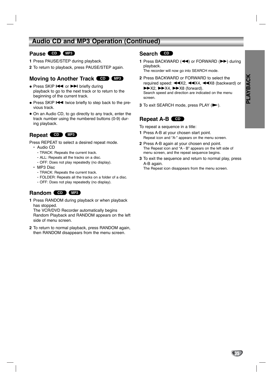 Audio cd and mp3 operation (continued), Pla yback, Pause | Moving to another track, Repeat, Random, Search, Repeat a-b | LG XBR342 User Manual | Page 35 / 48