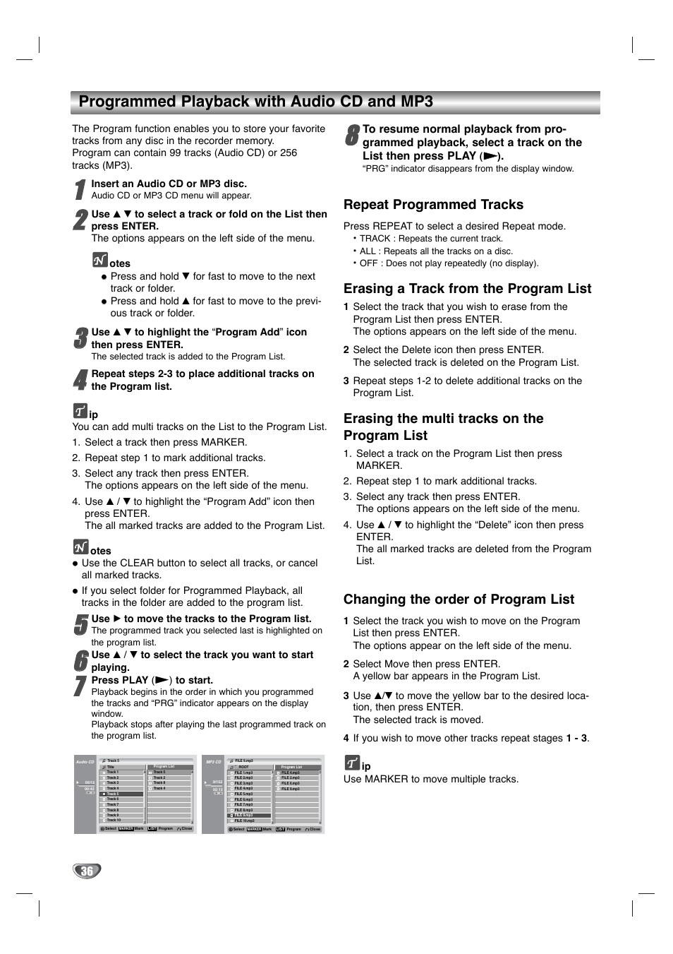 Programmed playback with audio cd and mp3, Repeat programmed tracks, Erasing a track from the program list | Erasing the multi tracks on the program list, Changing the order of program list | LG XBR342 User Manual | Page 36 / 48