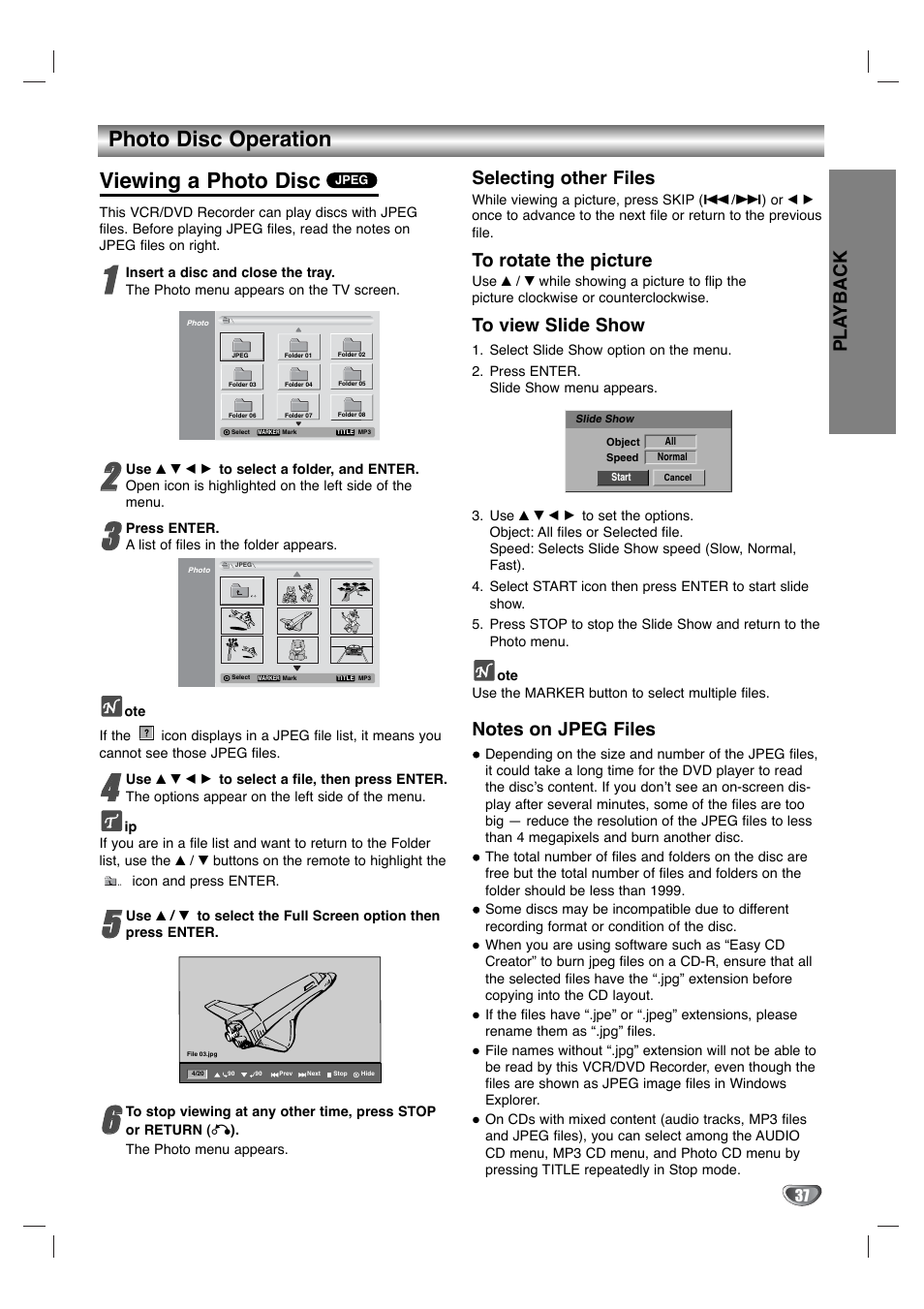 Viewing a photo disc, Photo disc operation, Pla yback | Selecting other files | LG XBR342 User Manual | Page 37 / 48