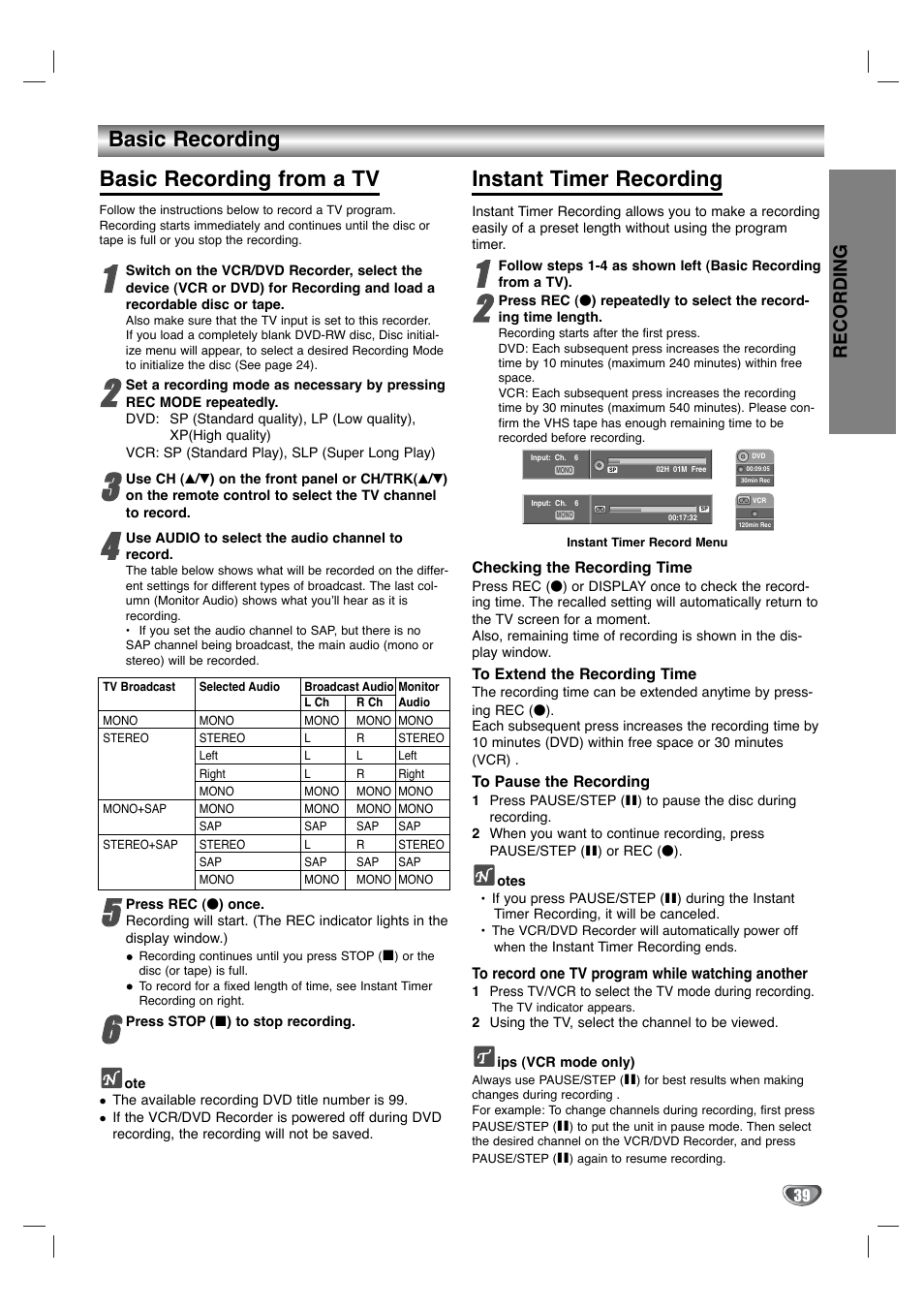 Basic recording basic recording from a tv, Instant timer recording, Recording | LG XBR342 User Manual | Page 39 / 48