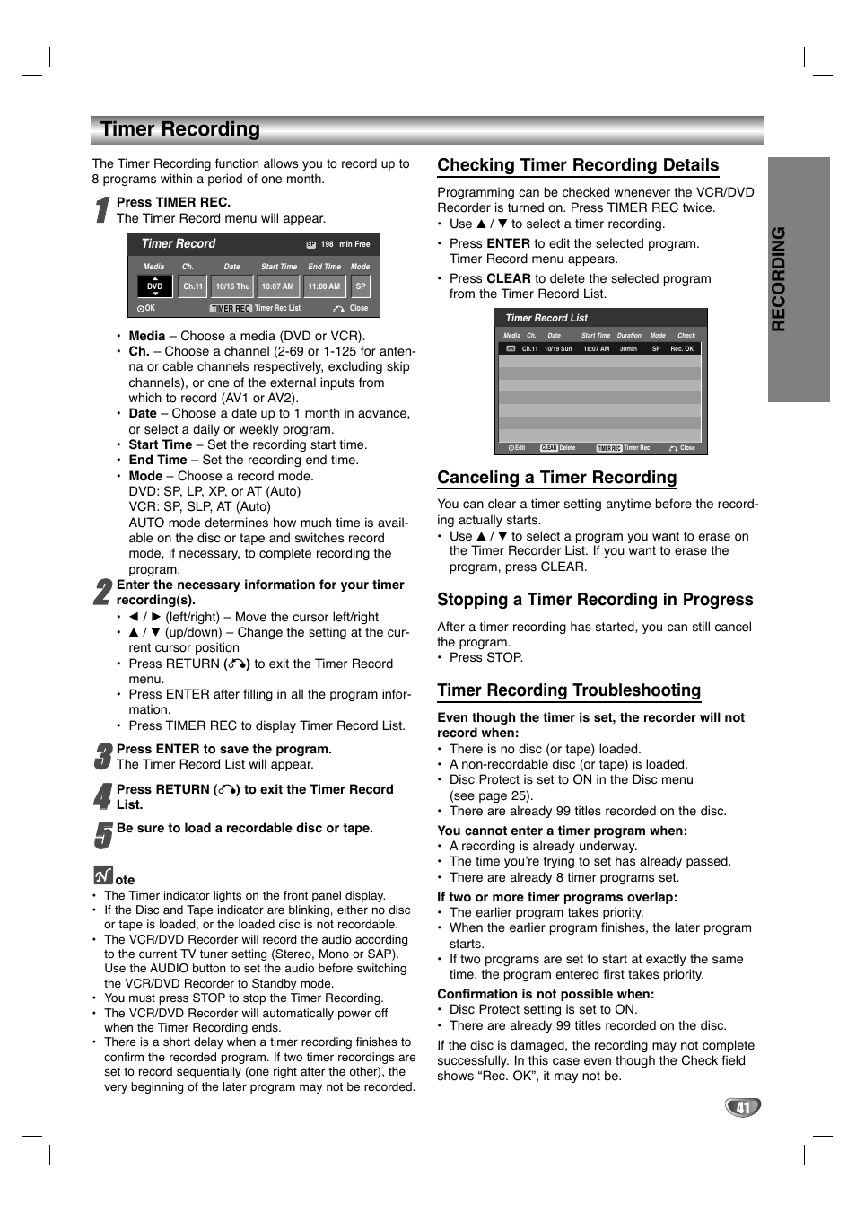 Timer recording, Recording, Checking timer recording details | Canceling a timer recording, Stopping a timer recording in progress, Timer recording troubleshooting | LG XBR342 User Manual | Page 41 / 48