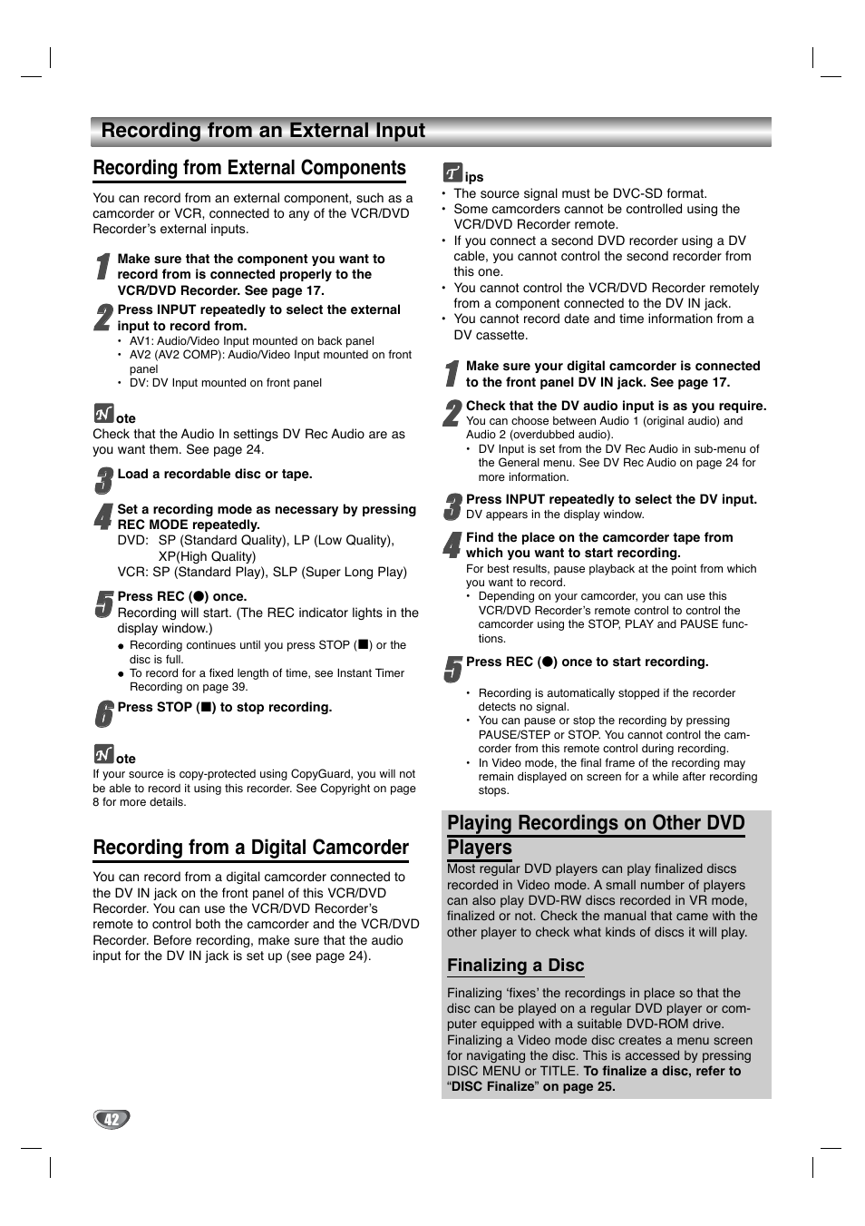 Recording from an external input, Recording from external components, Recording from a digital camcorder | Playing recordings on other dvd players | LG XBR342 User Manual | Page 42 / 48