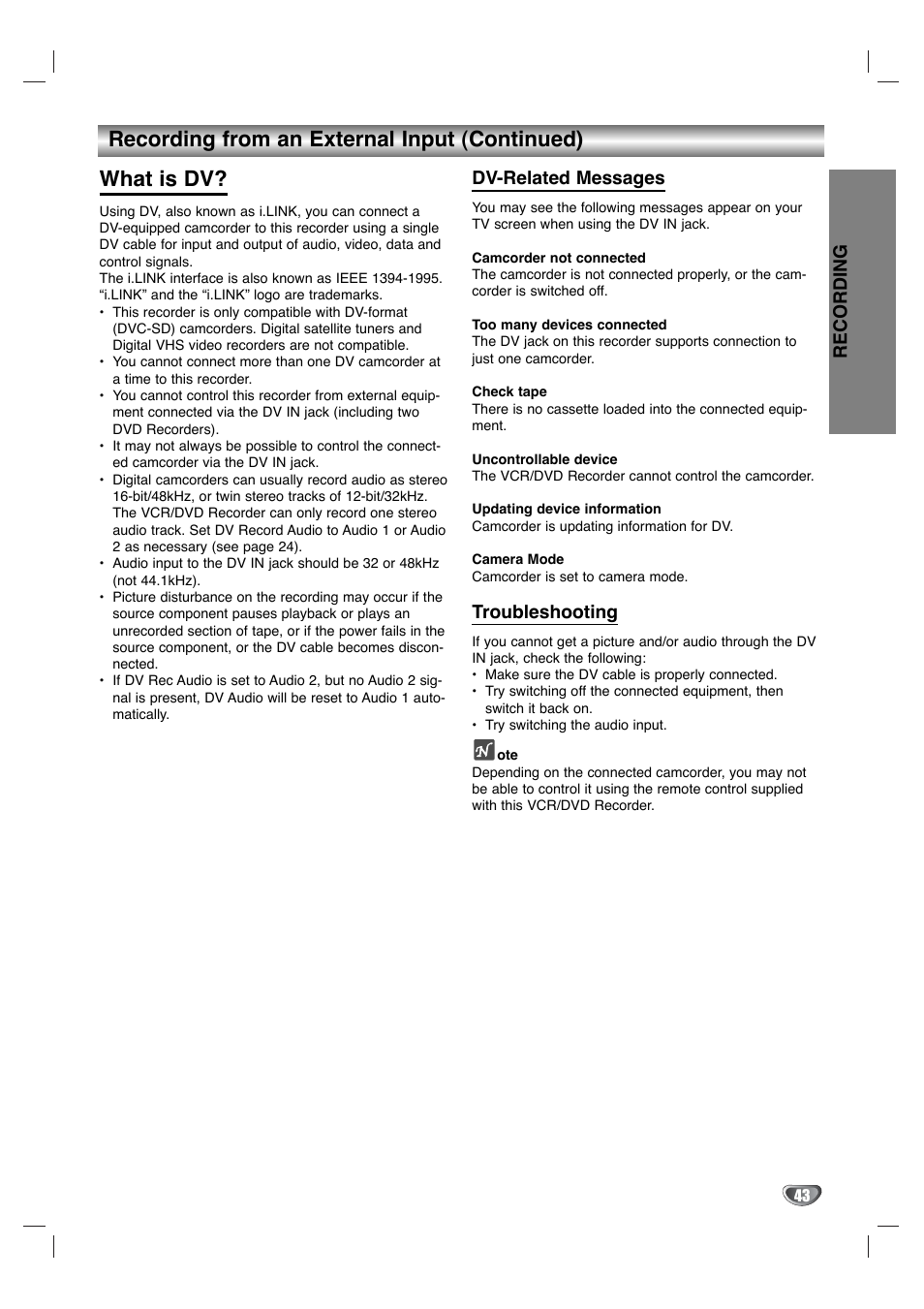 Recording, Dv-related messages, Troubleshooting | LG XBR342 User Manual | Page 43 / 48