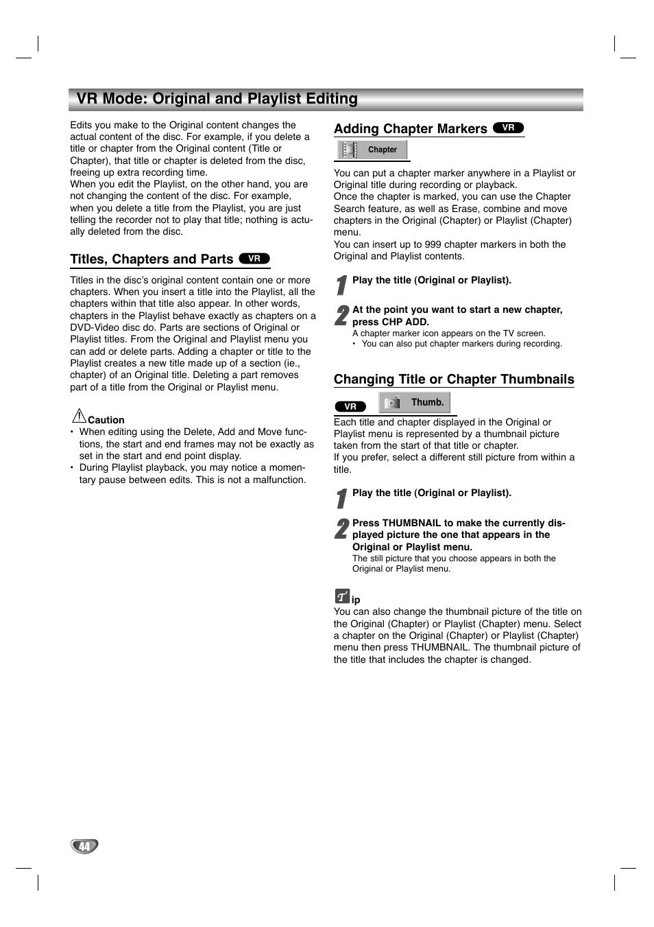 Vr mode: original and playlist editing | LG XBR342 User Manual | Page 44 / 48