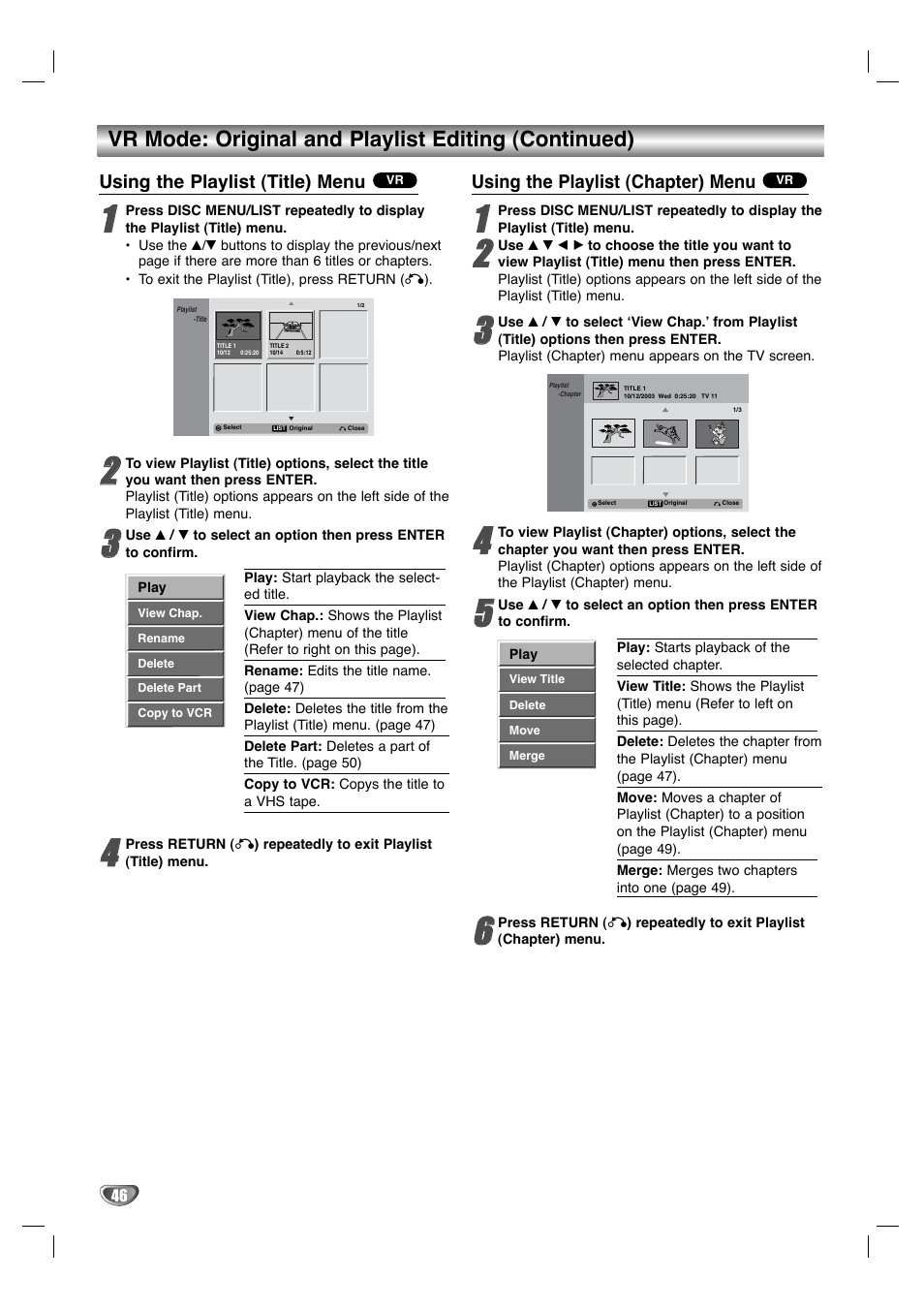 Vr mode: original and playlist editing (continued), Using the playlist (title) menu, Using the playlist (chapter) menu | LG XBR342 User Manual | Page 46 / 48