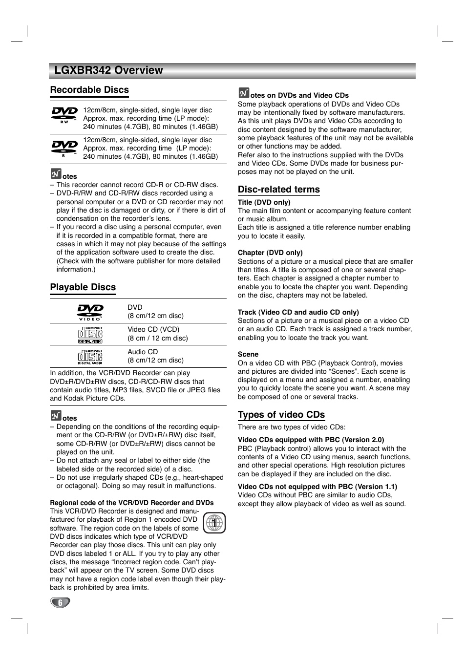 Lgxbr342 overview, Recordable discs, Playable discs | Disc-related terms, Types of video cds | LG XBR342 User Manual | Page 6 / 48